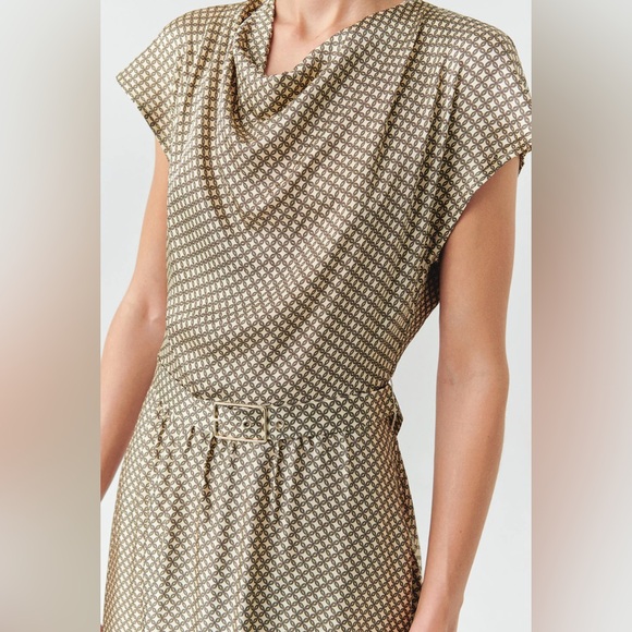 Anthropologie Exquise Leslie Dress Beige Brown Sz 6 Midi Belted Flutter Sleeve - Picture 3 of 14